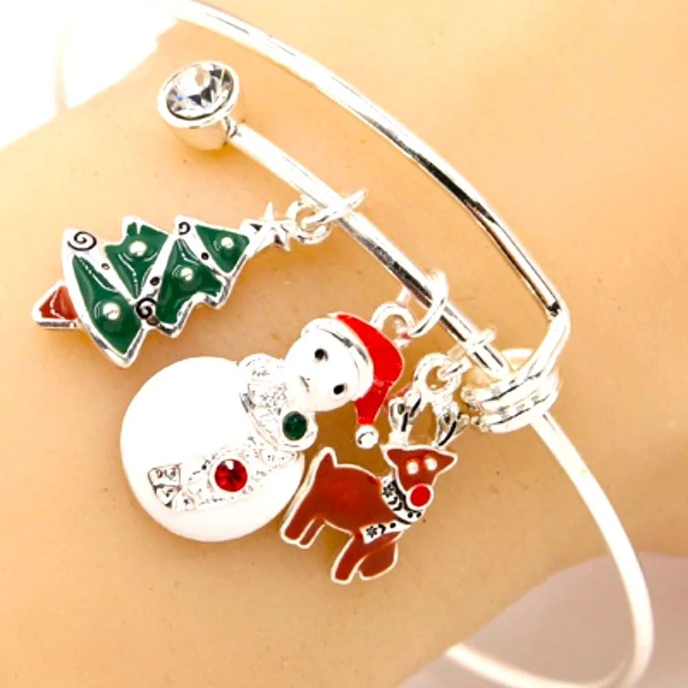 Womens Charming Expand Holiday Christmas Theme Silver Slip on Bracelet